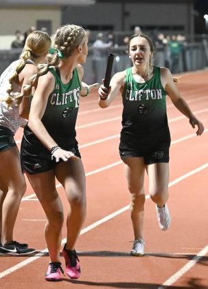 Clifton junior Ray Ochoa won gold medals in 100-meter and 400-meter dashes (left); Lady Cub junior Kyndall Hunt hands off to junior Camy Barsh (above). Photos courtesy of Brett Voss’ The Sports Buzz