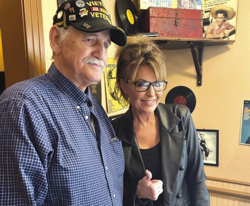 Former candidate for U.S. vice president Sarah Palin (from right) visited a group of Vietnam-era veterans, including Ron Linder, U.S. Navy retired, Clifton on Wednesday, January 31, 2024. Courtesy Photo By Allen Chaney