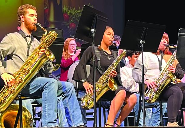 The saxophone section of the Clifton High School jazz band play popular Christmas tunes during the band department’s annual Christmas concert at the Performing Arts Center on Wednesday, December 14. Nathan Diebenow | The Clifton Record