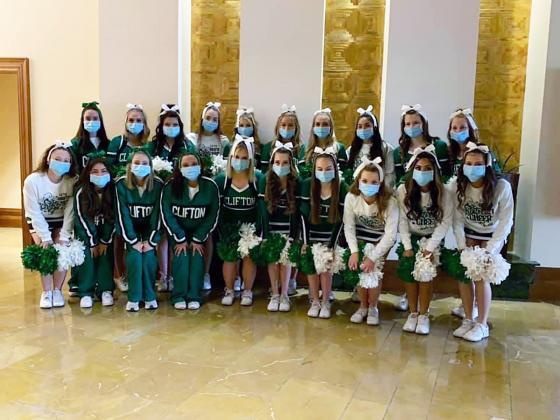 Forrest Murphy/Clifton Record/Clifton High School’s cheer team finished 15th out of 57 schools at the recent UIL state spirit competition at the Fort Worth Convention Center.