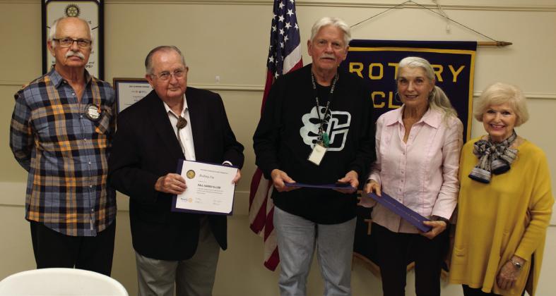 Thanks to Rotarian Robert Evinger (from left) and his contributions to The Rotary Foundation, the Bosque County Rotary Club recognized three community members Rodney Joy, Ted Jones, and Deb Tolman with Paul Harris Fellows during the club’s meeting on Thursday, December 8, at the Clifton Civic Center, with Rotary Club President An Thompson presenting the certificates. Nathan Diebenow | The Clifton Record