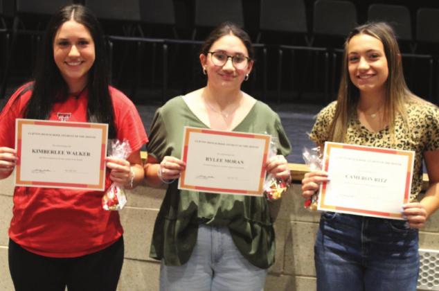 From left, Clifton High School junior Kimberlee Walker, sophomore Rylee Moran and freshman Cameron Ritz were selected as May Students of the Month. Not pictured is senior Charlie Love. Ashley Barner | The Clifton Record