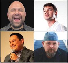Comedians (clockwise, top, from left) Fernando Chacon, Alex Cunningham, Justin Moreno, and Ryan Shields will perform at the Red Caboose in Clifton on Saturday, July 8. Photo Courtesy by AC² Productions