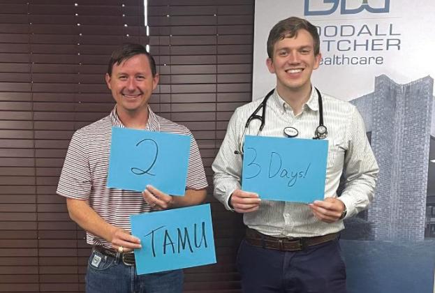 Dr. Lance Robinson of Goodall-Witcher Medical Clinic (from left) and TAMU medical student Caleb Haeusslar show their time on the job at Goodall-Witcher as of May 2023. Haeusslar performed a rotation at the hospital as part of his schooling through Texas A&amp;M University’s School of Medicine. Photo Courtesy of Goodall-Witcher Hospital