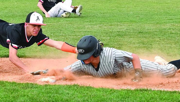 Jacket Brayden Wehmeyer turns on the ball (top left); Meridian’s Matty Jones on the bases (top right); Jacket slides in safely at third against Aquilla (above). Courtesy Photos