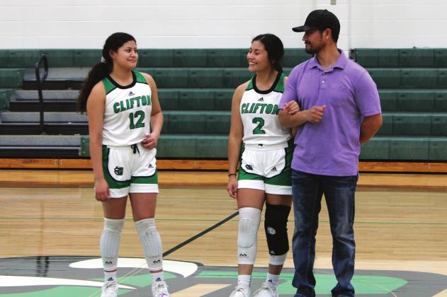 Above, Lady Cubs senior Kasandra Gaona is escorted onto the court by her sister Laylah and father Tony Gaona.