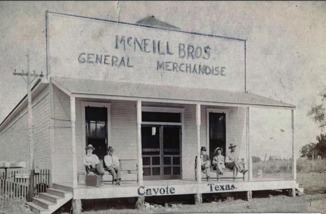 The McNeill Brothers store in Cayote around 1906. Pictured left to right, Mason G. Whitney, local rancher; Roscoe Peters, store clerk; Edgar Simpson, store manager; Press Hord, mail carrier; and Lee Grounds, local farmer Courtesy Photos