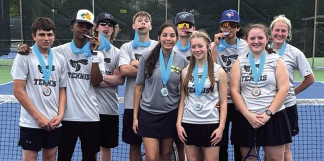 Meridian boys and girls tennis medal winners display their hardware following the Frost Invitational (above); Hope Cabrera wins silver medal in girls singles (below). Courtesy Photos